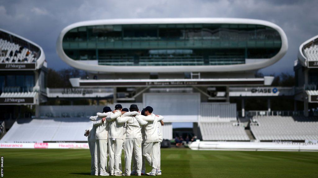 Middlesex huddle during Day One of the Vitality County Championship match between Middlesex and Yorkshire at Lord's Cricket Ground