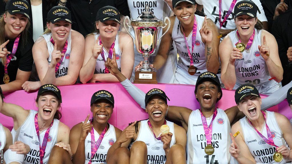 London Lions players pose with the EuroCup trophy