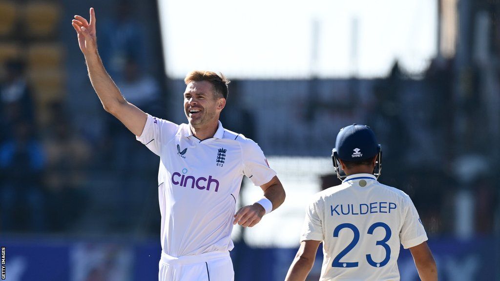 England bowler James Anderson celebrates dismissing India's Kuldeep Yadav to reach 700 Test wickets