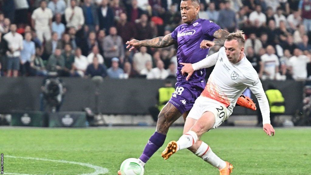 Igor Julio was attempts to tackle West Ham's Jarrod Bowen during Fiorentina's Europa Conference League final defeat