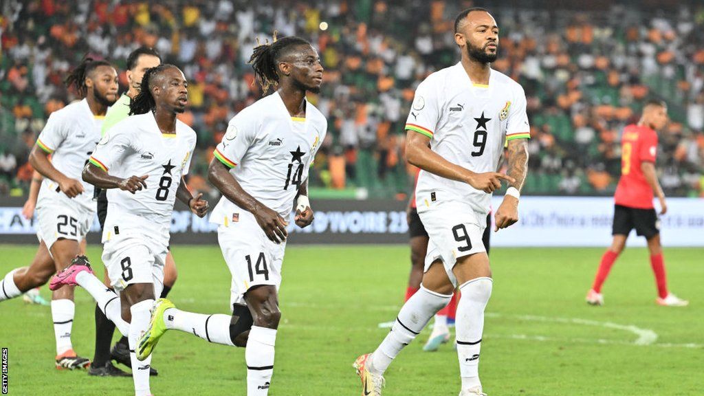 Jordan Ayew celebrates scoring for Ghana against Mozambique at the 2023 Africa Cup of Nations