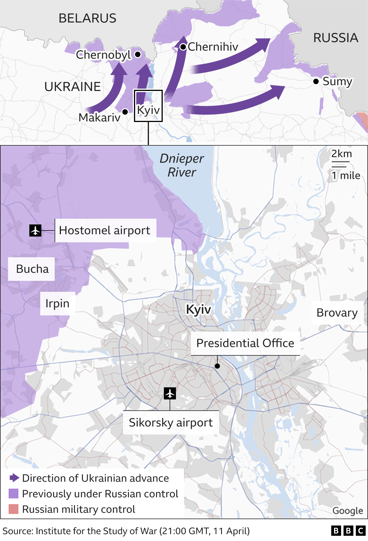 Map showing how Russian forces have withdrawn from around Kyiv and the north