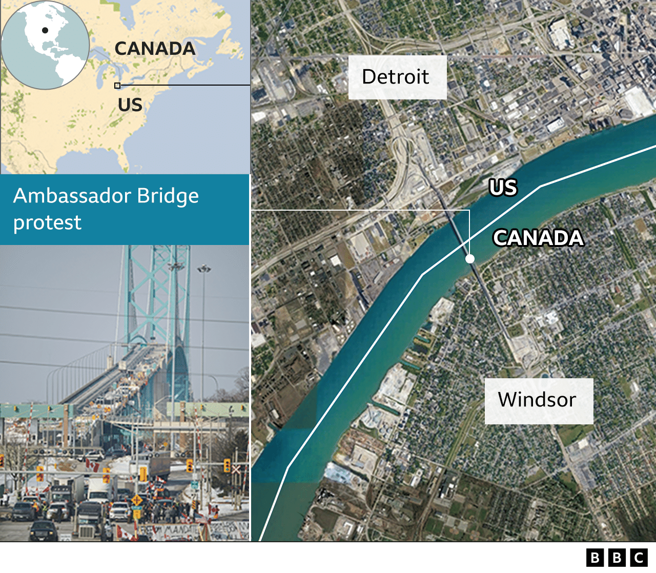 Mapa znázorňující most Ambassador Bridge, kde jsou možné protesty