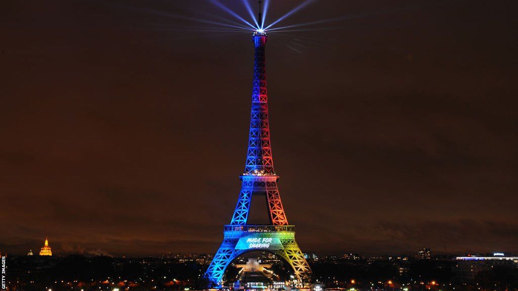 The Eiffel Tower with the Olympic colours