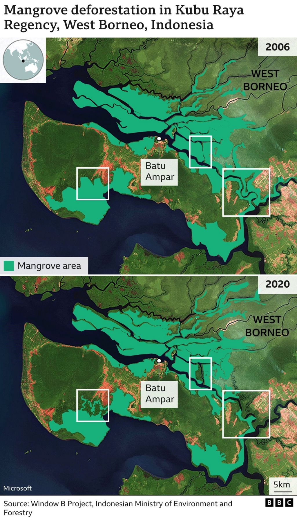 BBC graphic showing deforestation in the region from 2006 to 2020