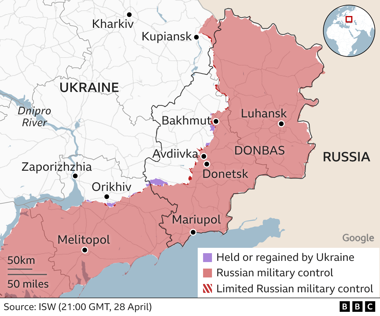 Map of eastern Ukraine showing which parts are under Russian military control