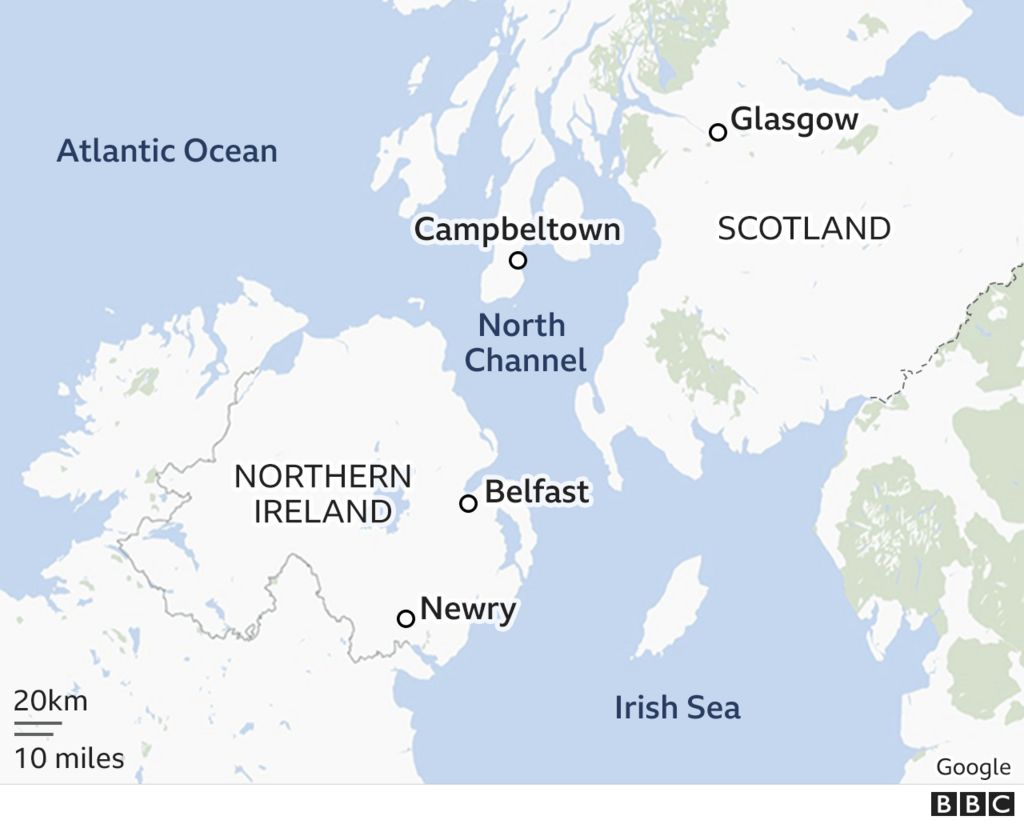 Map showing Campbeltown, Ayrshire coast, Belfast and Antrim coast