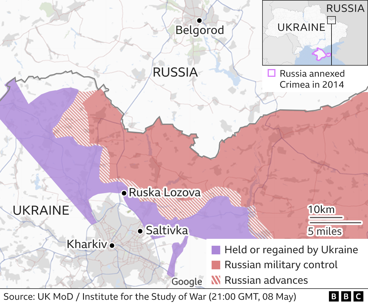 Map of the area around Kharkiv and Belgorod along the Ukrainian/Russian border