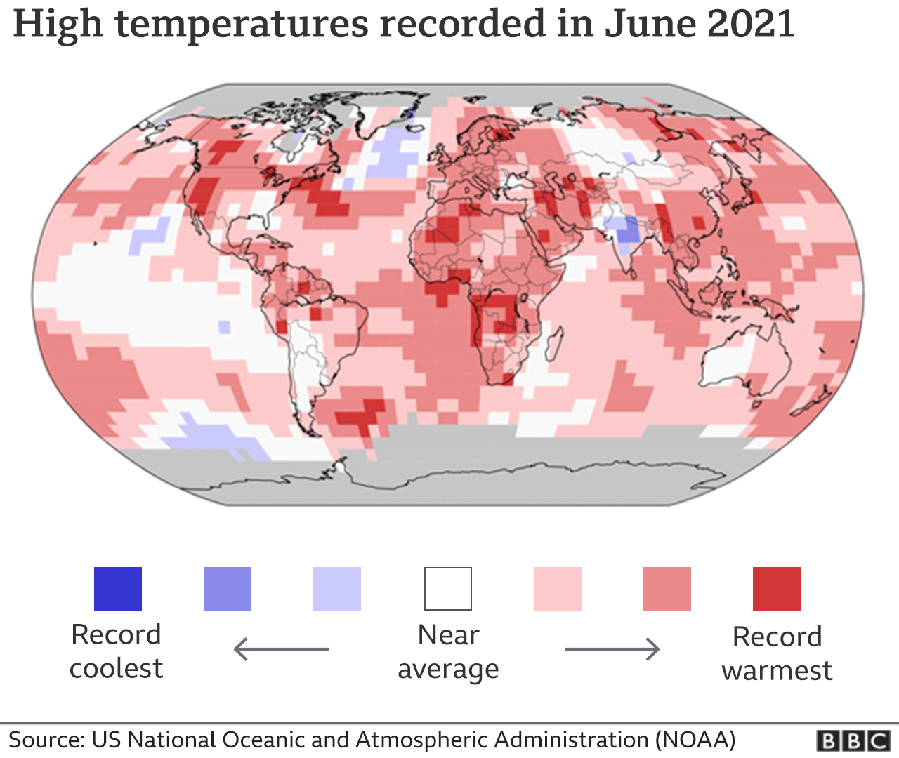 A map of the world showing where record temperatures, or close to record temperatures were set during June 2021