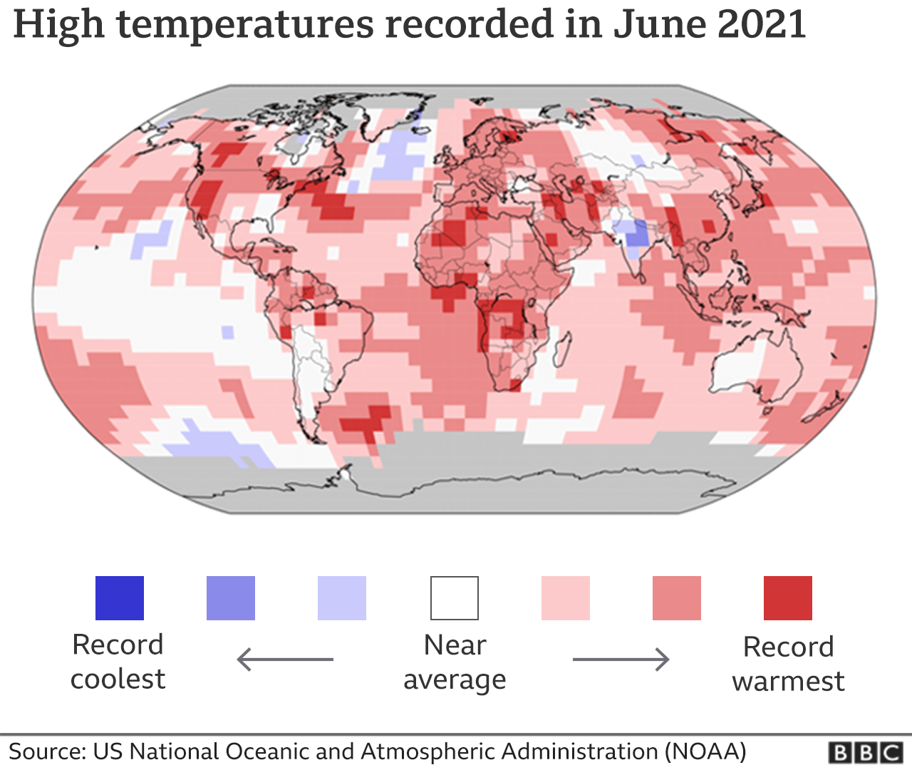 Карта мира, показывающая, где в июне 2021 года были установлены рекордные или близкие к рекордным значениям температуры