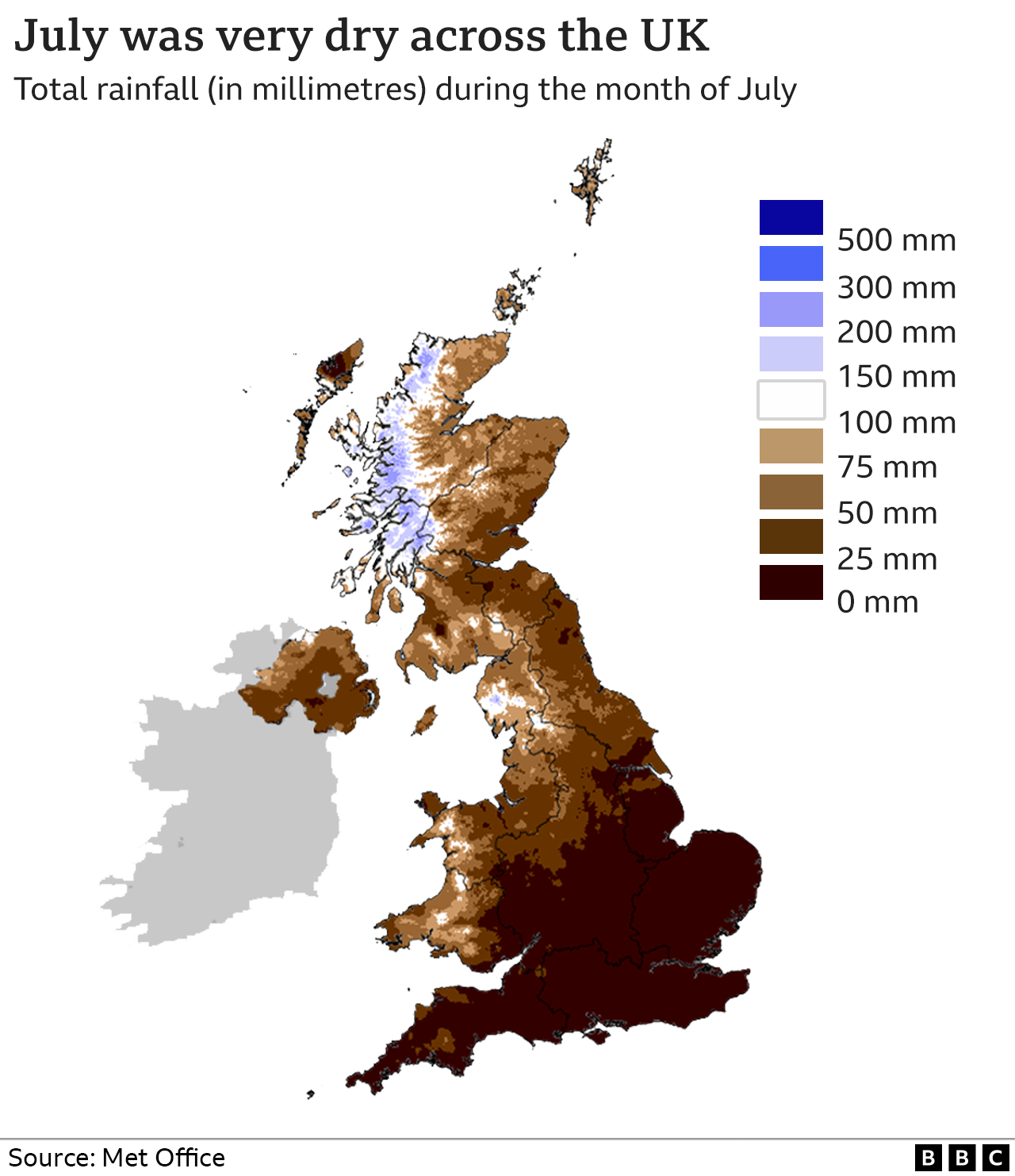 Map showing rainfall in the UK during July 2022