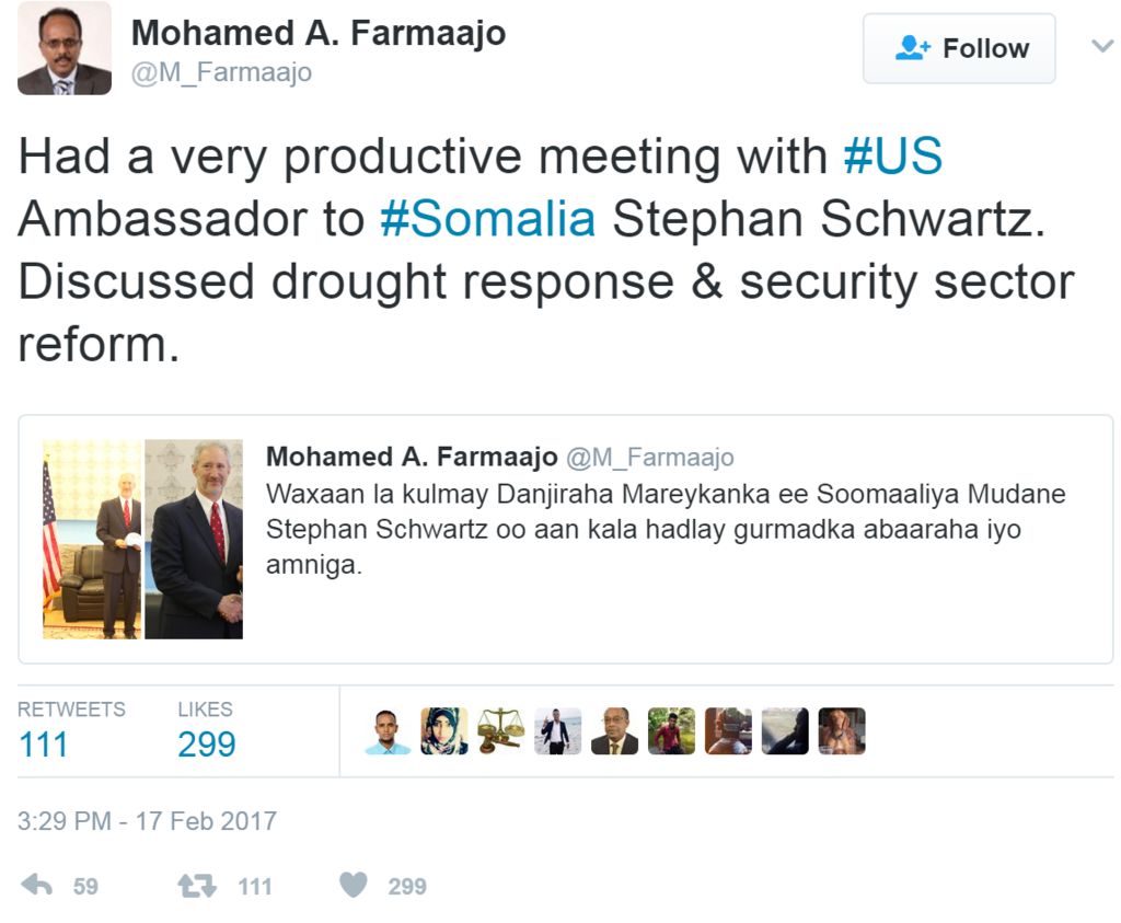 Screengrab of tweet by Somali president's personal account