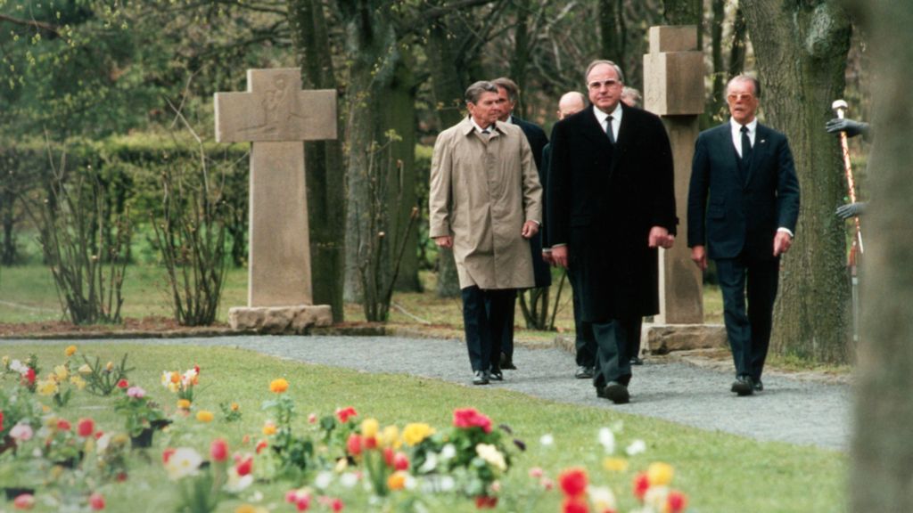 US President Ronald Reagan visits Bitburg Cemetery in West Germany with Chancellor Helmut Kohl, May 1985