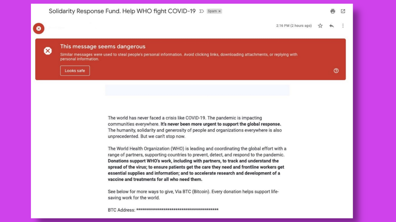 A scam email impersonating the WHO. It encourages the recipient to "donate" money via Bitcoin.