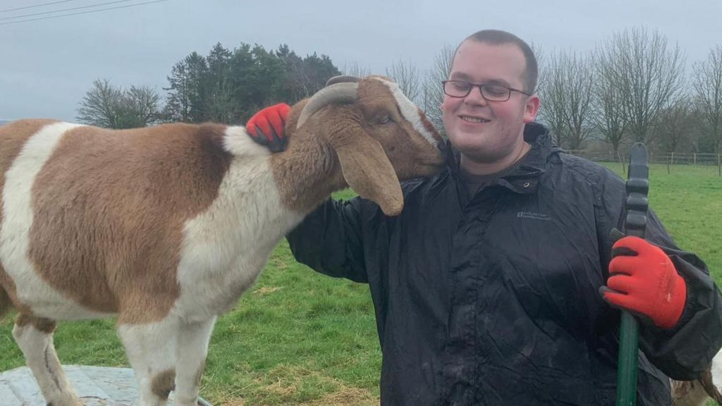 Student Toby with his arm around a goat in a field