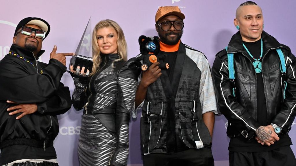 apl.de.ap, will.i.am, Fergie and Taboo of Black Eyed Peas, winners of the Best Throwback Song award for 'Rock That Body,' pose in the press room during the 52nd American Music Awards at MGM Grand Garden Arena on May 25, 2026 in Las Vegas, Nevada. 