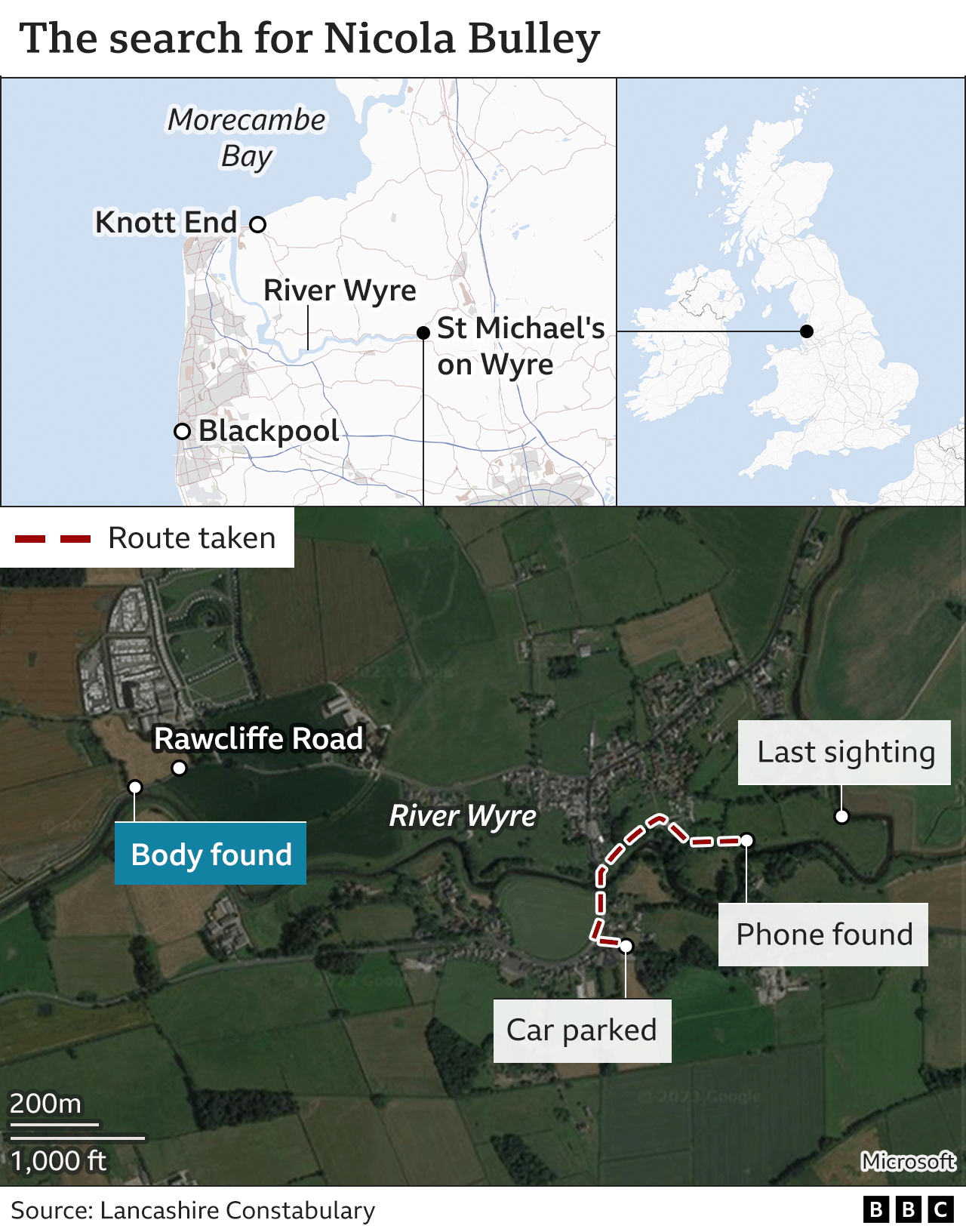 Map showing the route Nicola Bulley is thought to have taken after she parked her car and walked along the river path; and also the location of the body found by police