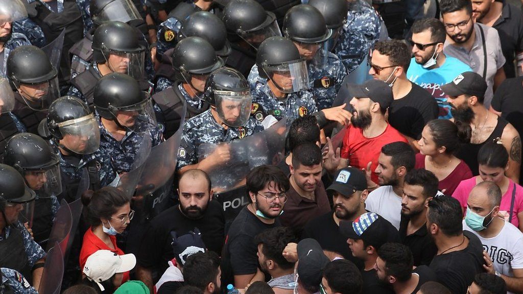 Police and protesters in Lebanon