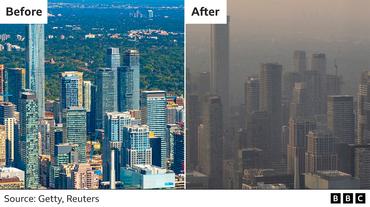 Imágenes del antes y el después que muestran la vista oscurecida desde la Torre CN de Toronto