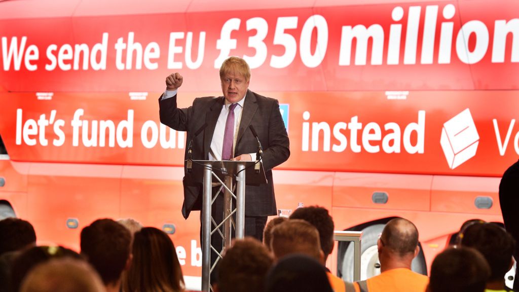 Boris Johnson during the 2016 Brexit campaign in front of a Leave EU bus covered with the words "We send the EU £350 million a week"