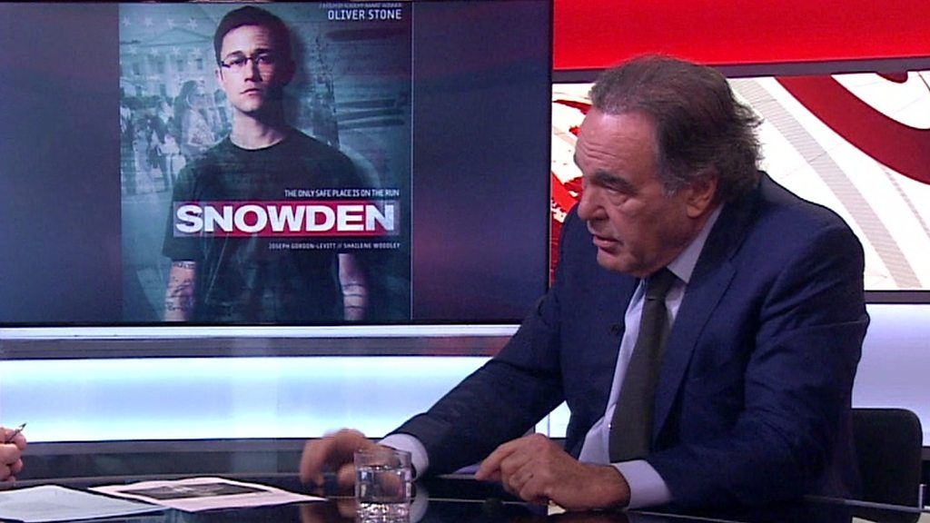 Oliver Stone with poster of his film Snowden