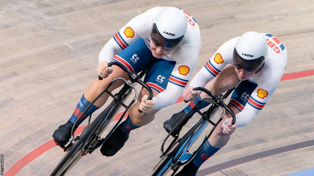 Great Britain's Sophie Capewell and Emma Finucane competing in the women's team sprint at the European Track Cycling Championships