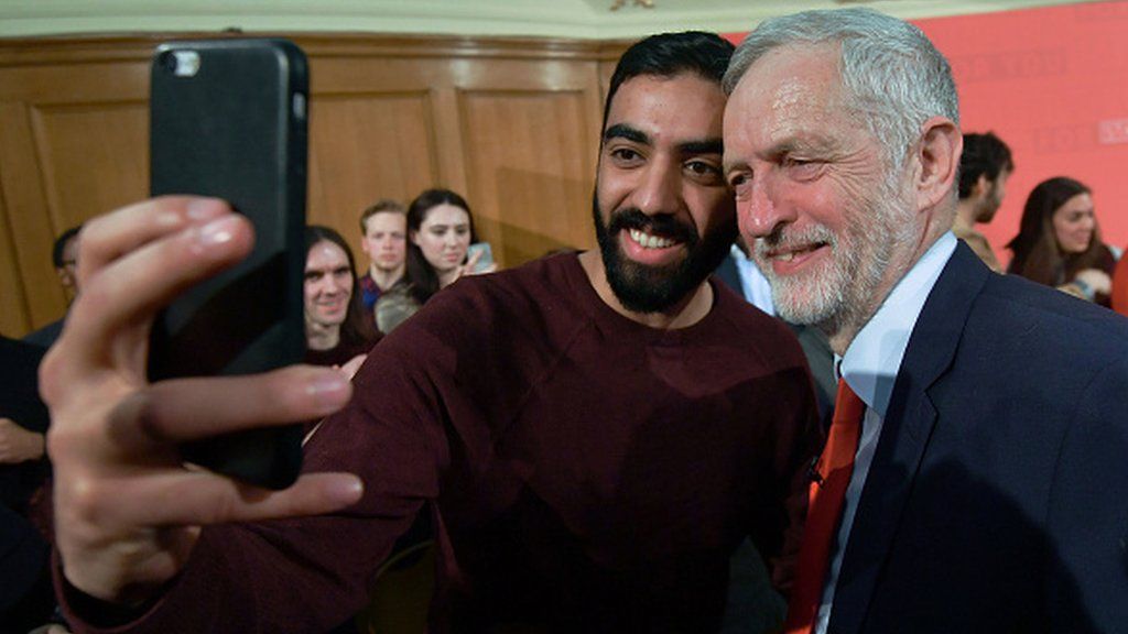 Jeremy Corbyn takes a selfie with a supporter