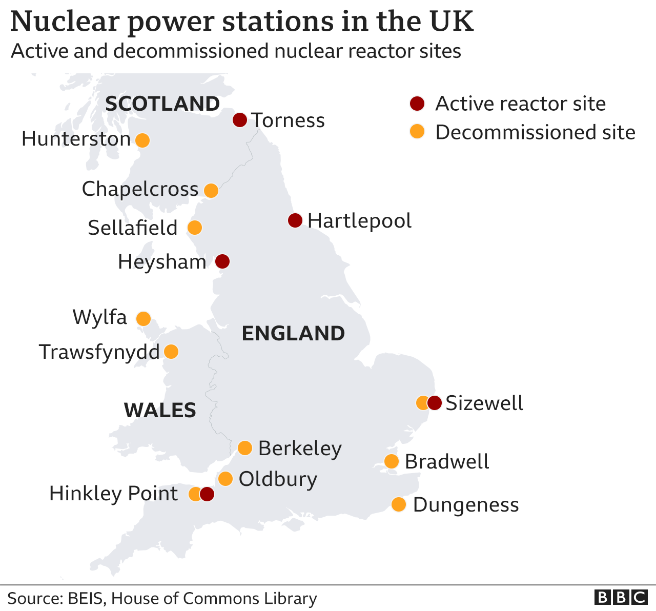 Map showing the location of nuclear reactors in the UK.