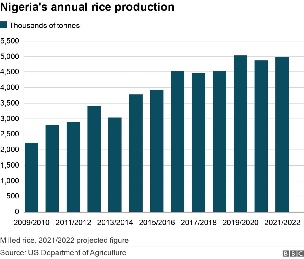 Гистограмма, показывающая годовое производство шлифованного риса