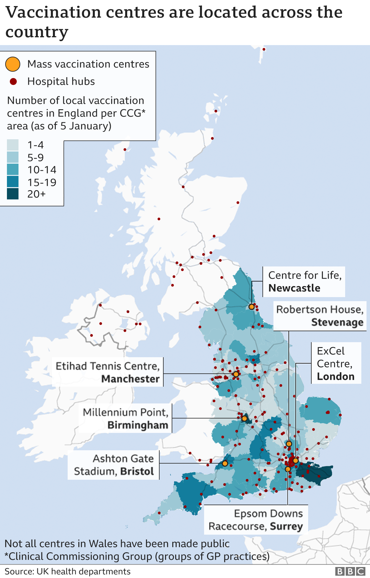 Map showing where England's vaccination centres and mass vaccination sites are, as well as the UK's hospital hubs