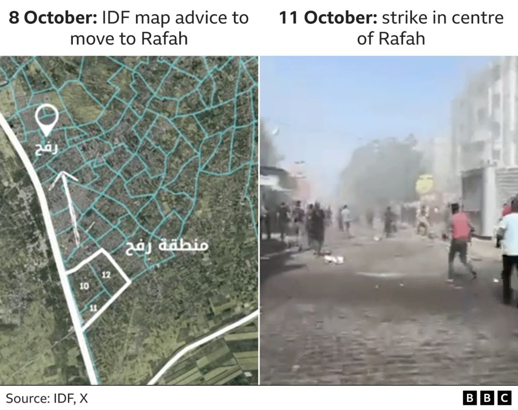 Graphic shows on the left an IDF tweet and map advising people to move to centre of Rafah and on the right a still from a verified video of strike in centre of Rafah