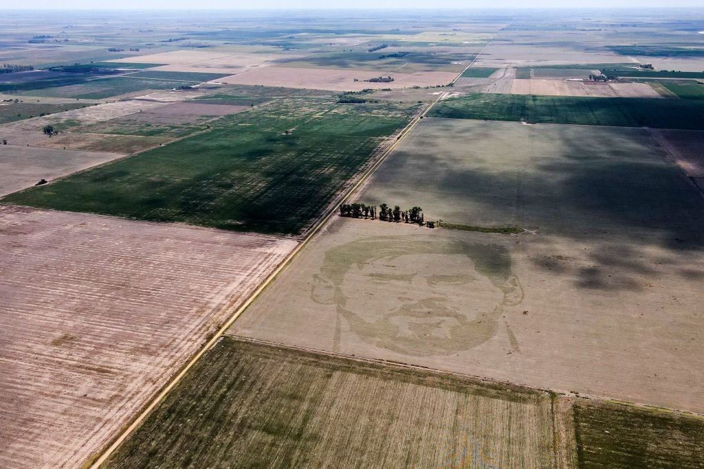 Aerial view of a corn field displaying an image of the face of Argentine football star Lionel Messi