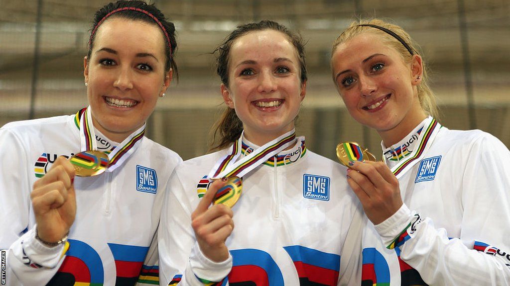 Dani King; Elinor Barker and Laura Trott of Great Britain with gold medals at track World Championships in 2013 in Minsk, Belarus