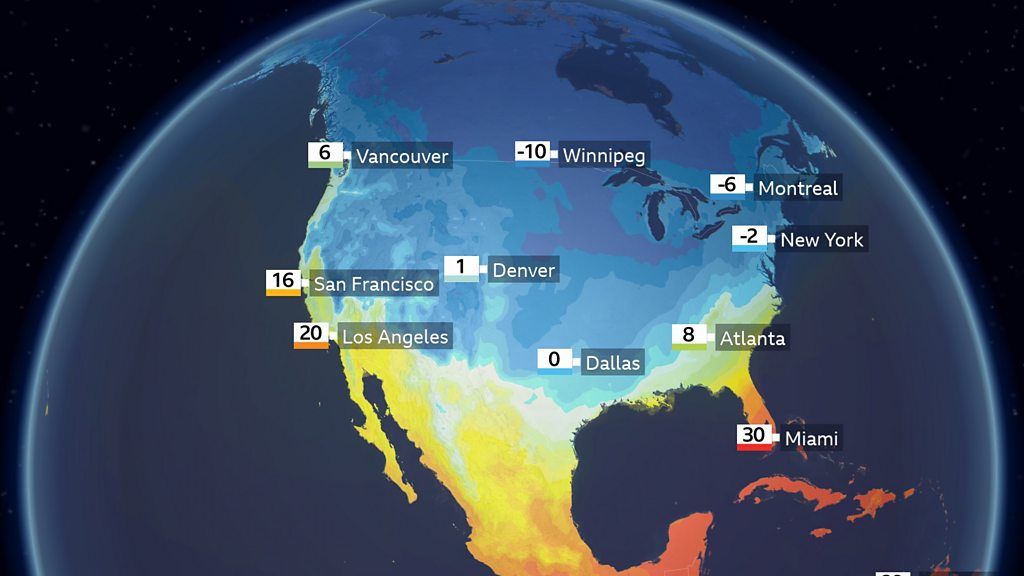 Blue and yellow colours across the USA showing the extent of the freezing temperatures.
