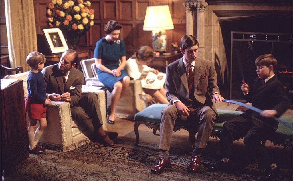 The Royal Family at Windsor, (from left) Prince Edward, the Duke of Edinburgh, Queen Elizabeth II, Princess Anne, Prince Charles and Prince Andrew, 1969