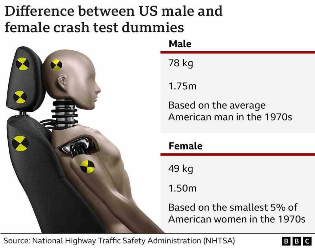 Graphic comparing US male and female crash test dummies