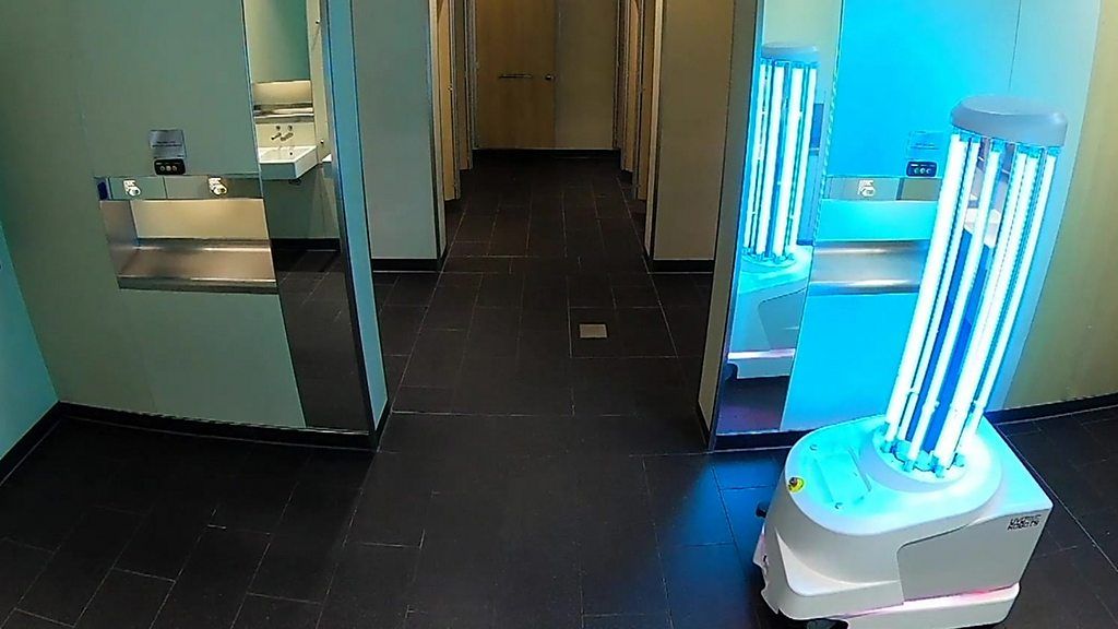 A Nordic Eye robot disinfects toilets at Heathroom Airport