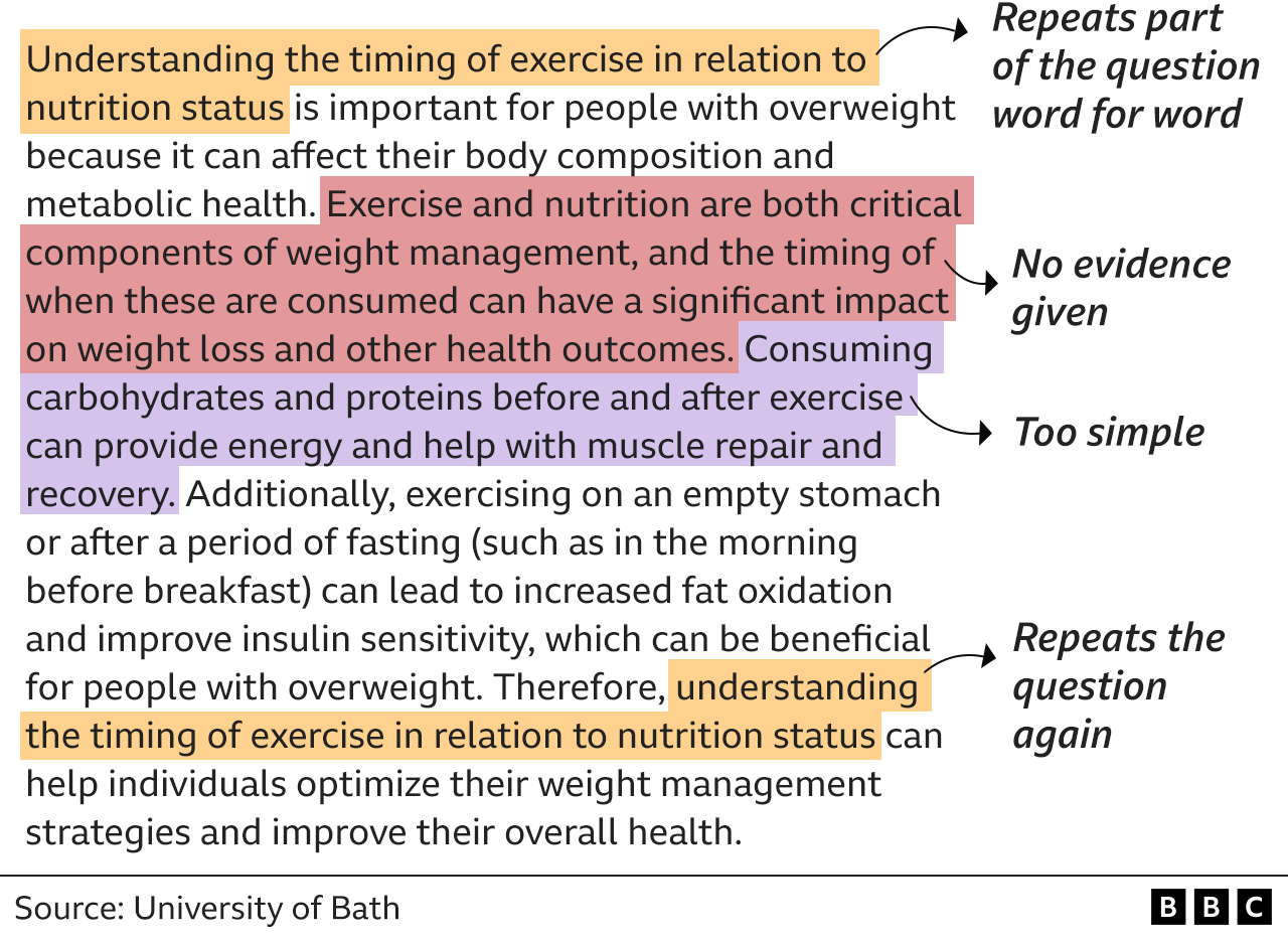 ChatGPT answer: Understanding the timing of exercise in relation to nutrition status [Note: Repeats phrase in question] is important for people with overweight because it can affect their body composition and metabolic health. Exercise and nutrition are both critical components of weight management, and the timing of when these are consumed can have a significant impact on weight loss and other health outcomes. [Note: No evidence given] Consuming carbohydrates and proteins before and after exercise can provide energy and help with muscle repair and recovery. [Note: Too simple] Additionally, exercising on an empty stomach or after a period of fasting (such as in the morning before breakfast) can lead to increased fat oxidation and improve insulin sensitivity, which can be beneficial for people with overweight. Therefore, understanding the timing of exercise in relation to nutrition status can help individuals optimize their weight management strategies and improve their overall health.