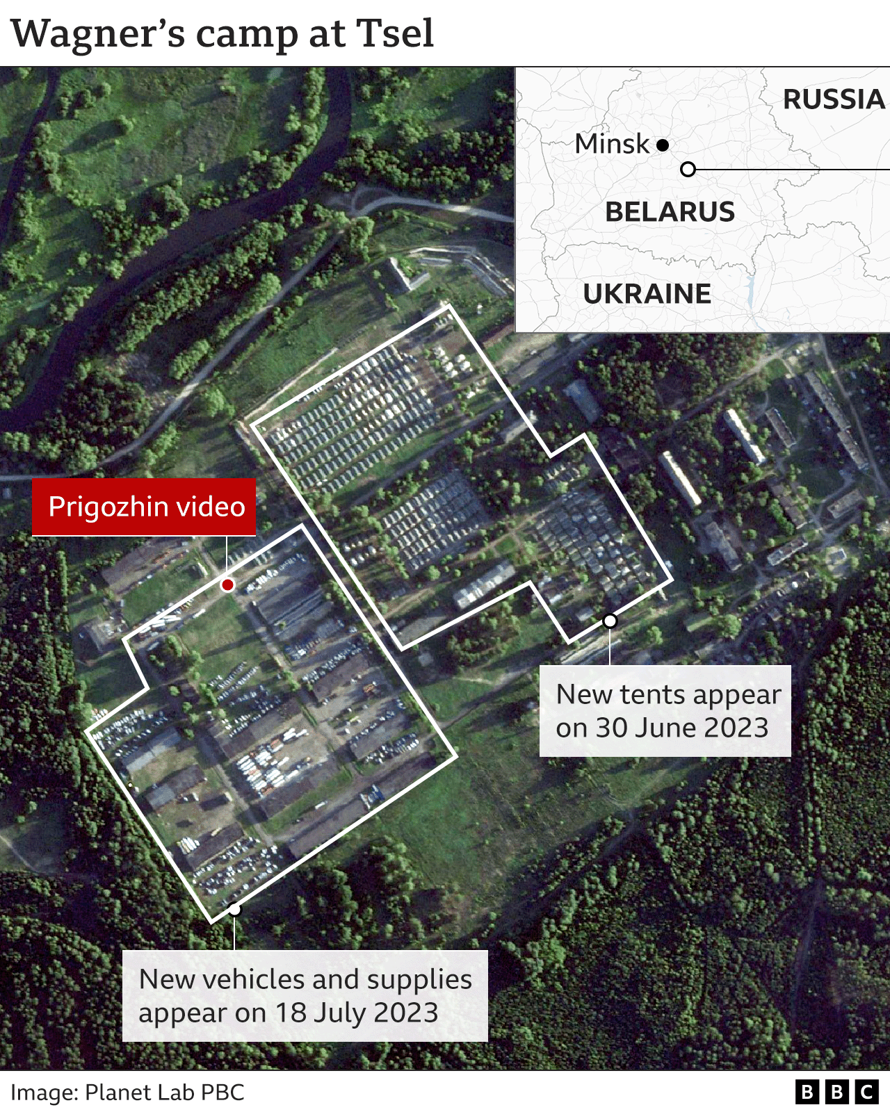 Спутниковый снимок, показывающий только что прибывшие машины и припасы в лагерь Вагнера в Целе, а также местонахождение видео Евгения Пригожина.