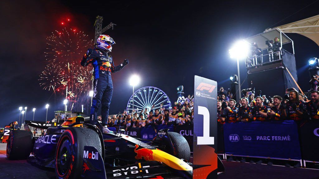Max Verstappen under the lights after dominant win.