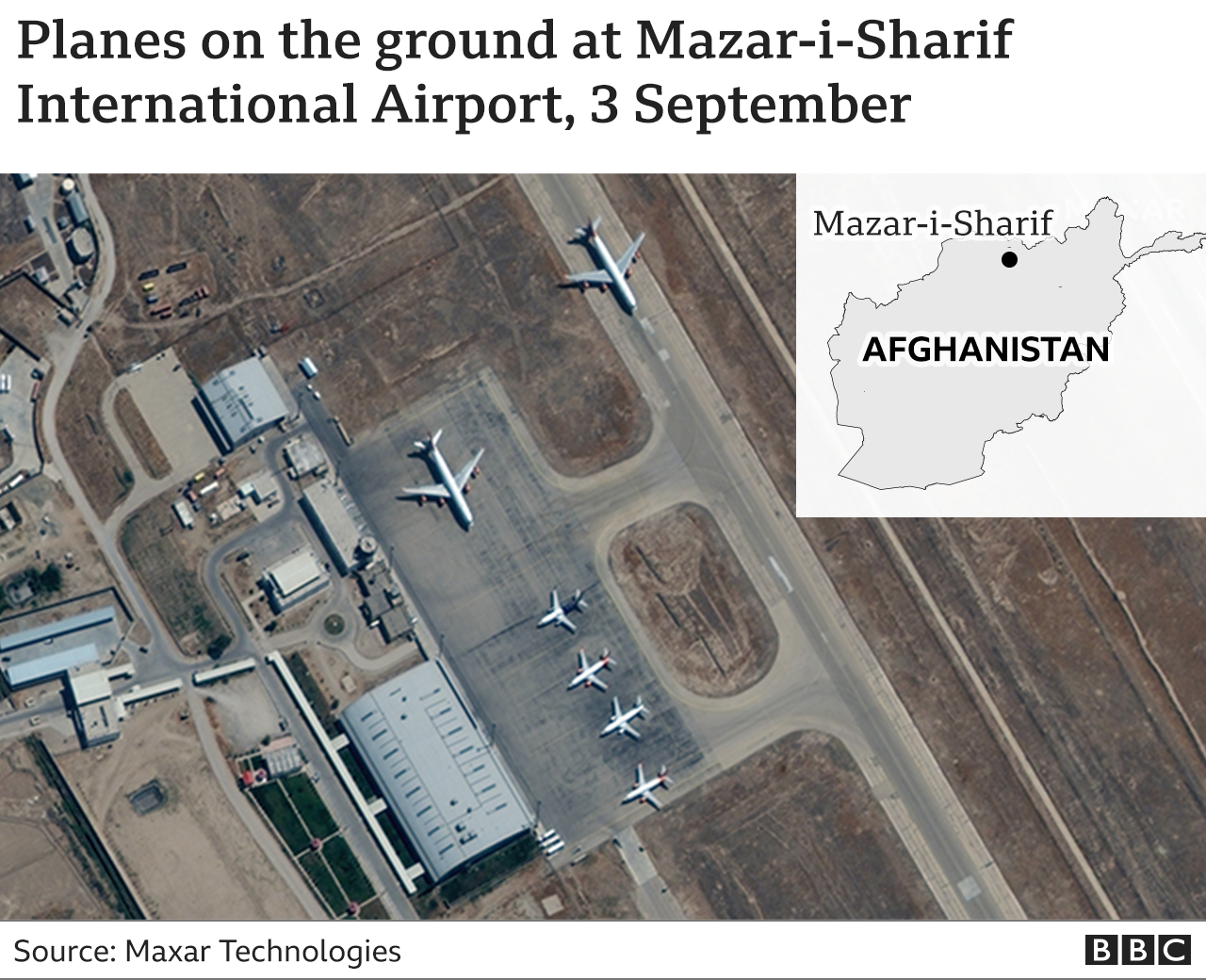 Satellite image showing planes stranded at Mazar-i-Sharif International Airport
