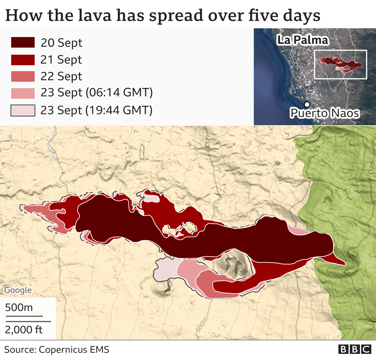 Карта, показывающая, как распространилась лава