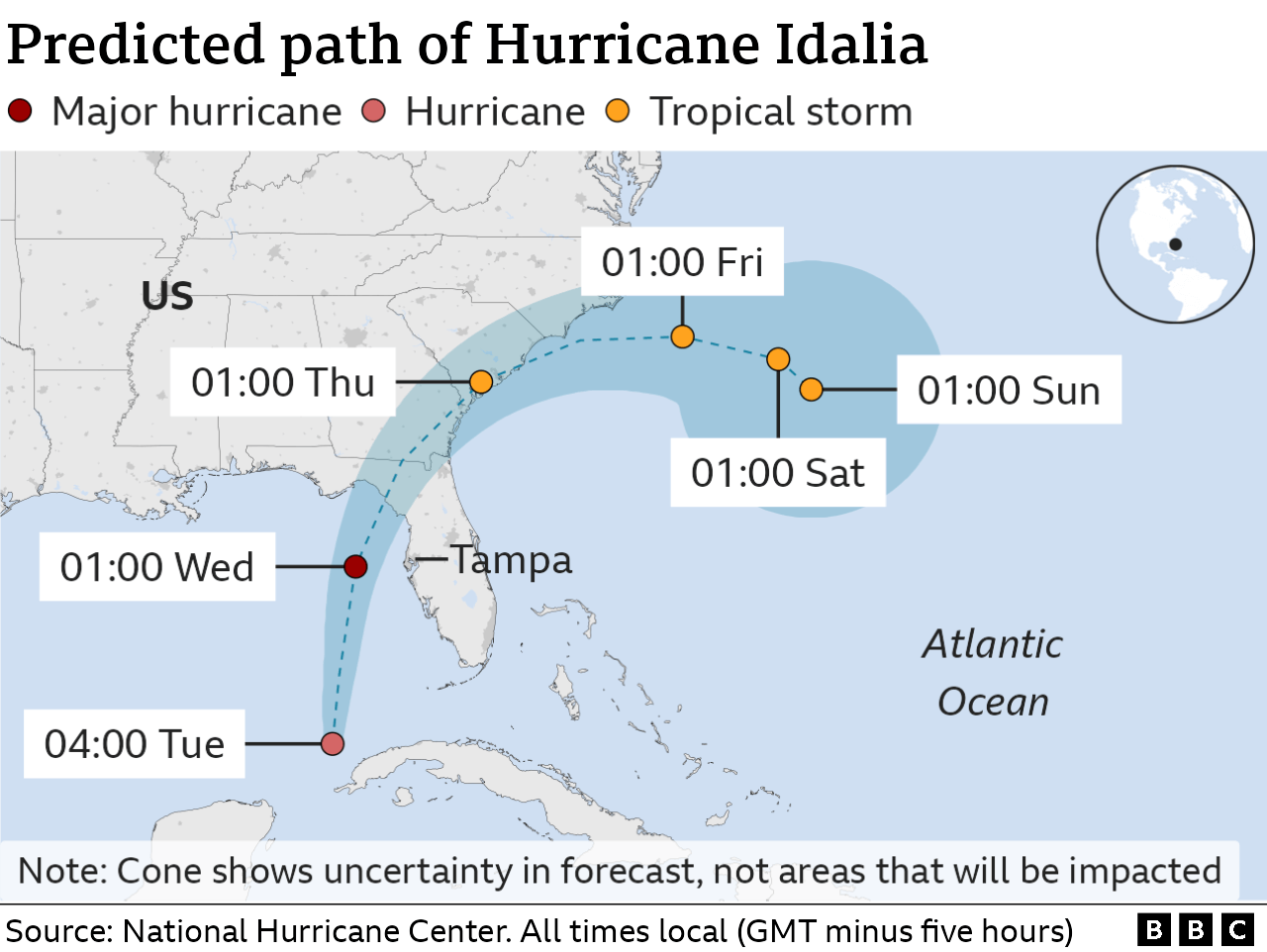 Map shows predicted path of the hurricane