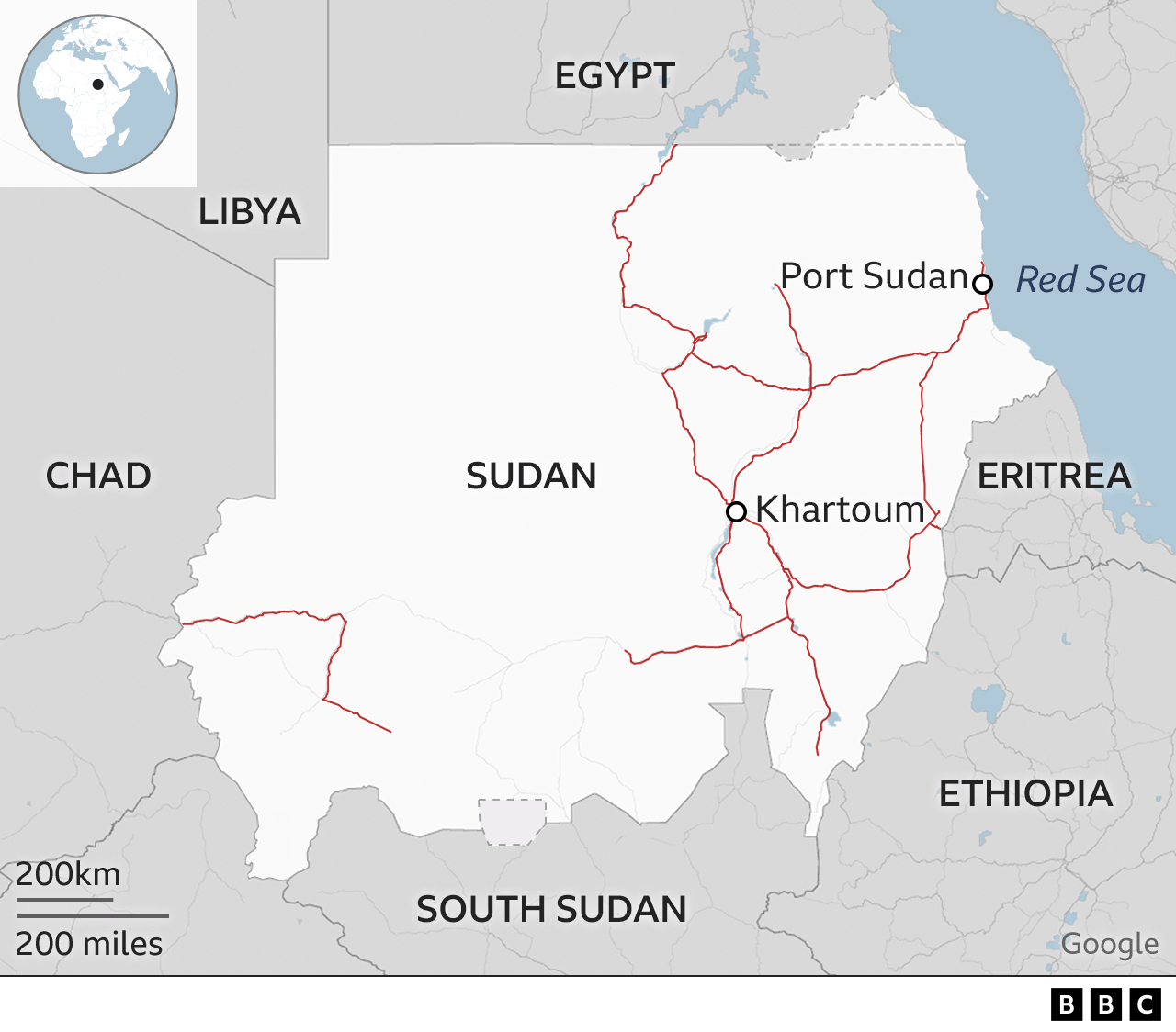 Map of Sudan showing major roads