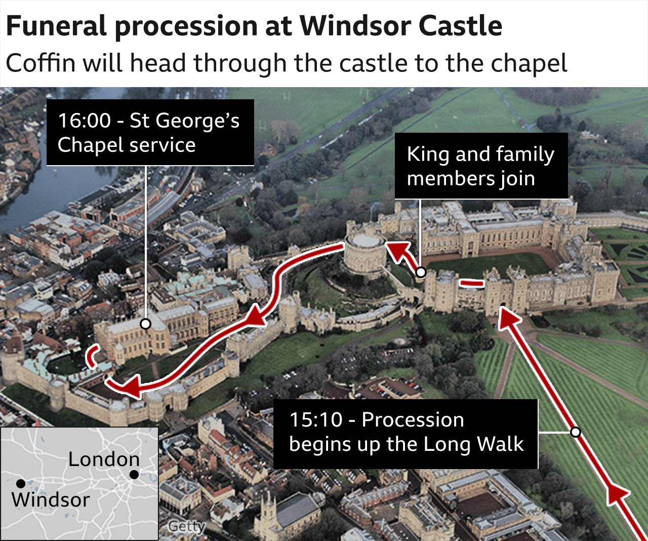 Map showing the procession route to Windsor Castle