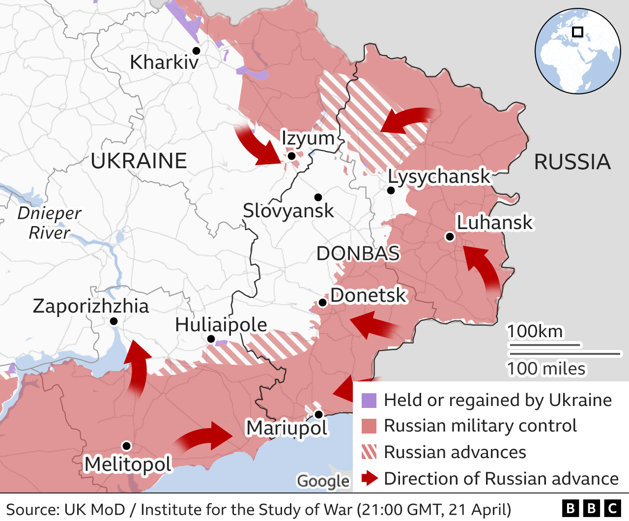 Map showing the Russian military advance into Ukraine from the east