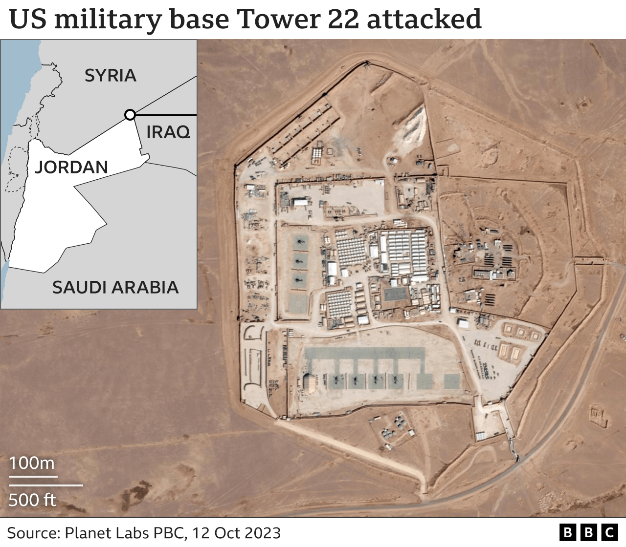 Map showing location of Tower 22, a US military base near Jordan's border with Syria