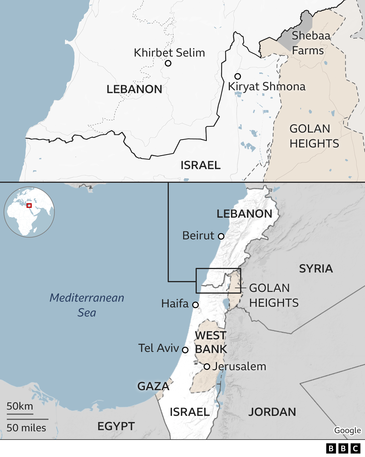 Map showing Israel and Lebanon, including locations of Khirbet Selim and Kiryat Shmona
