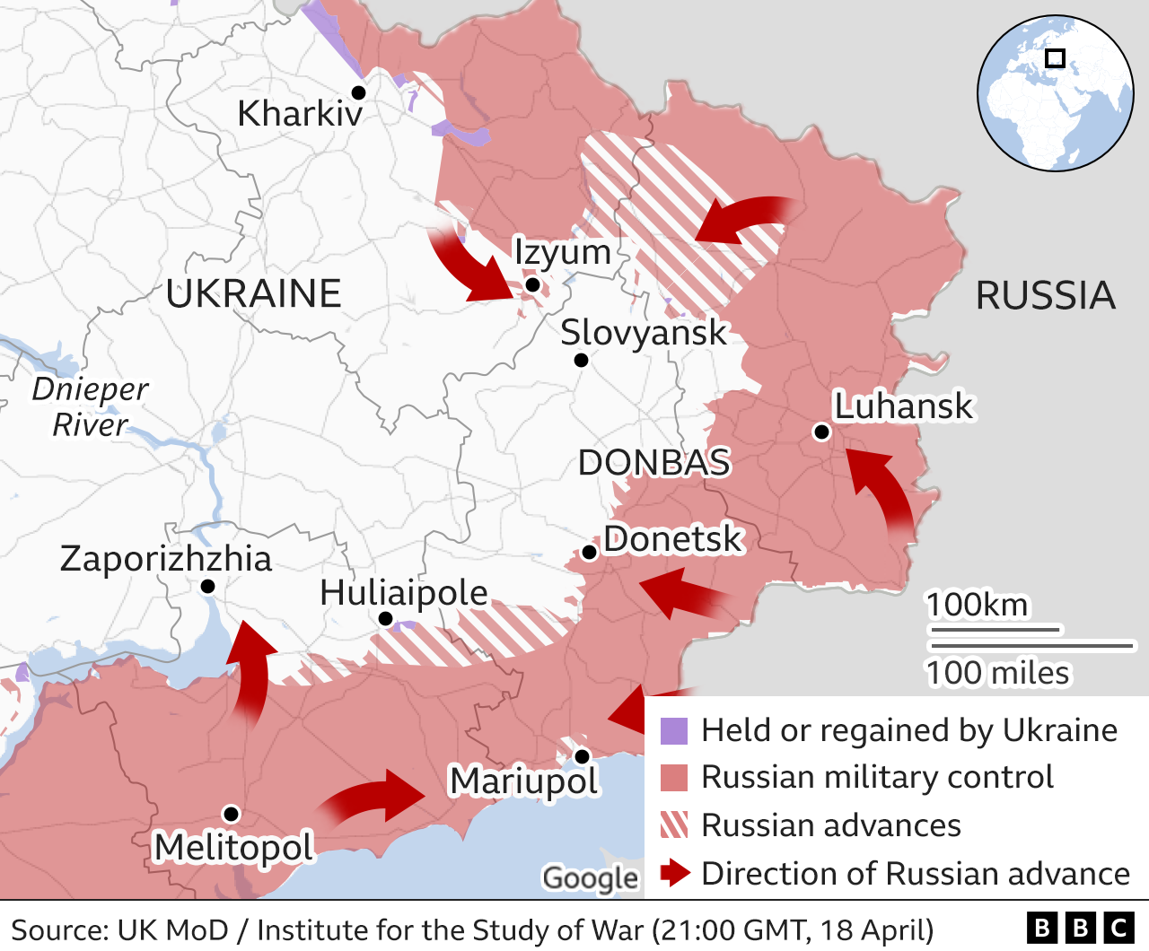 Map showing the Russian military advance into Ukraine from the east