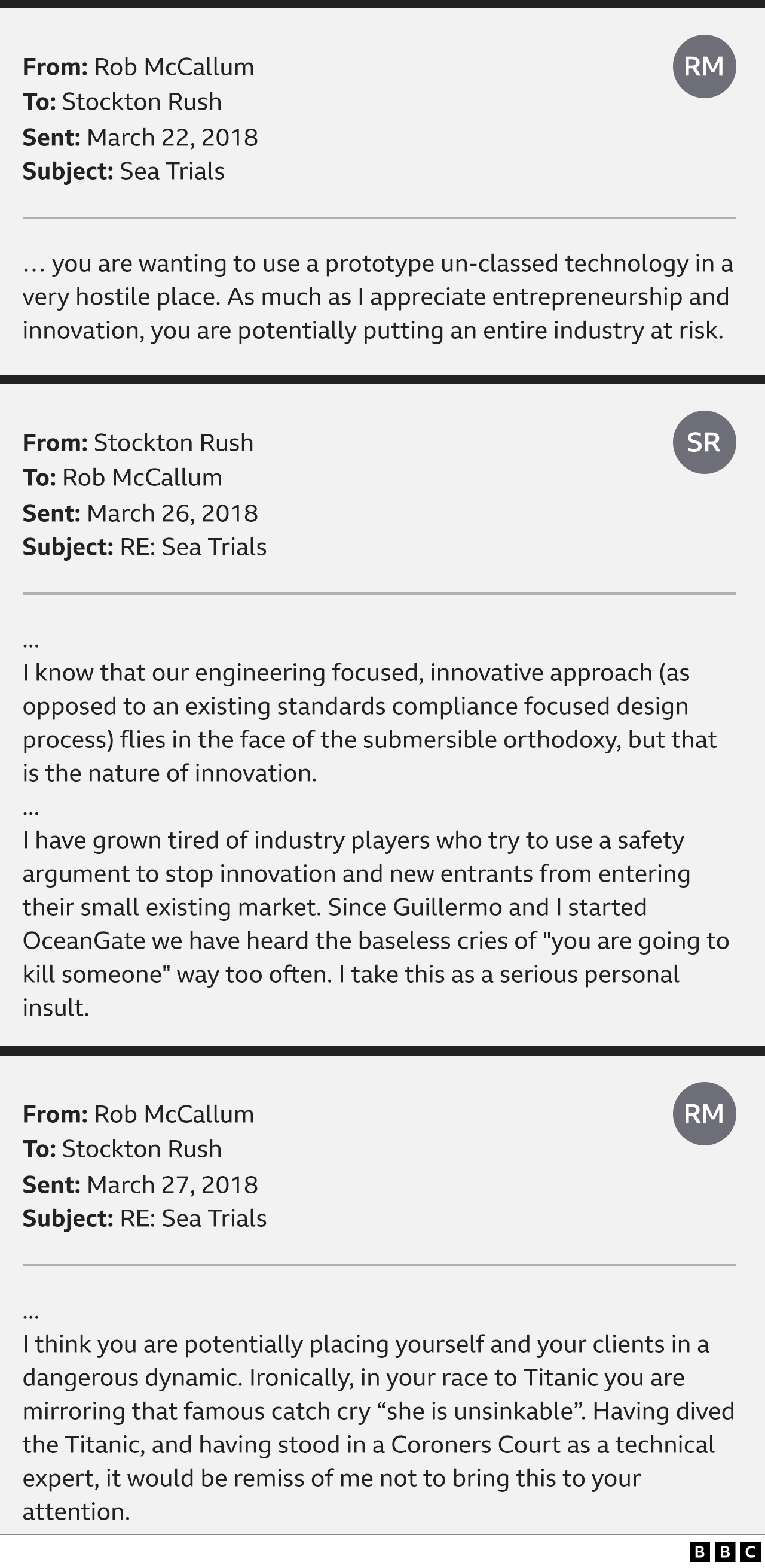 Рисунок, показывающий выдержки из электронных писем между Робом Маккаллумом и Стоктоном Рашем. «Вы хотите использовать прототип неклассифицированной технологии в очень враждебном месте. Как бы я ни ценил предпринимательство и инновации, вы потенциально подвергаете риску всю отрасль». В ответ г-н Раш говорит: «Я знаю, что наш инженерно-ориентированный инновационный подход бросает вызов ортодоксальным взглядам на подводные лодки, но такова природа инноваций». Затем он добавляет: "Я устал от отраслевых игроков, которые пытаются использовать аргументы безопасности, чтобы помешать инновациям и новым участникам выйти на их небольшой существующий рынок. С тех пор, как Гильермо и я основали OceanGate, мы слышали беспочвенные крики: "Вы собираетесь слишком часто убивать кого-то. Я воспринимаю это как серьезное личное оскорбление». В ответе г-на МакКаллума говорится: "Я думаю, что вы потенциально ставите себя и своих клиентов в опасную динамику. По иронии судьбы, в вашей гонке на "Титаник" вы повторяете знаменитый клич "она непотопляема"